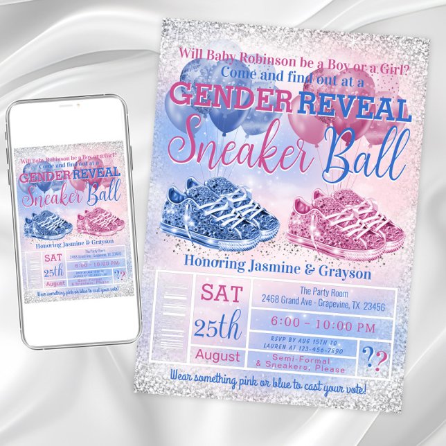 Convites Chá de Bebê Revelação de Gênero com Tênis (Sneaker ball gender reveal invitation. Instant download and printed invitations available.)