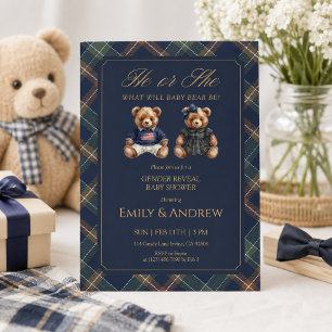 Convites Chá de Bebê Revelação de Gênero Navy Tartan