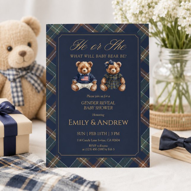 Convites Chá de Bebê Revelação de Gênero Navy Tartan (Criador carregado)