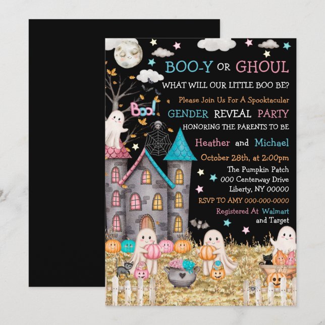 Convites Chá de Bebê Revelação de Gênero Pastel de Hallowee (Frente/Verso)