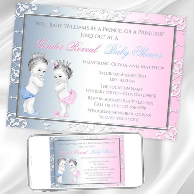 Convites Chá de Bebê Revelação de Gênero Príncipe Princesa  (Adorable gender reveal or twins invitation. Instant download and printed invitations available.)