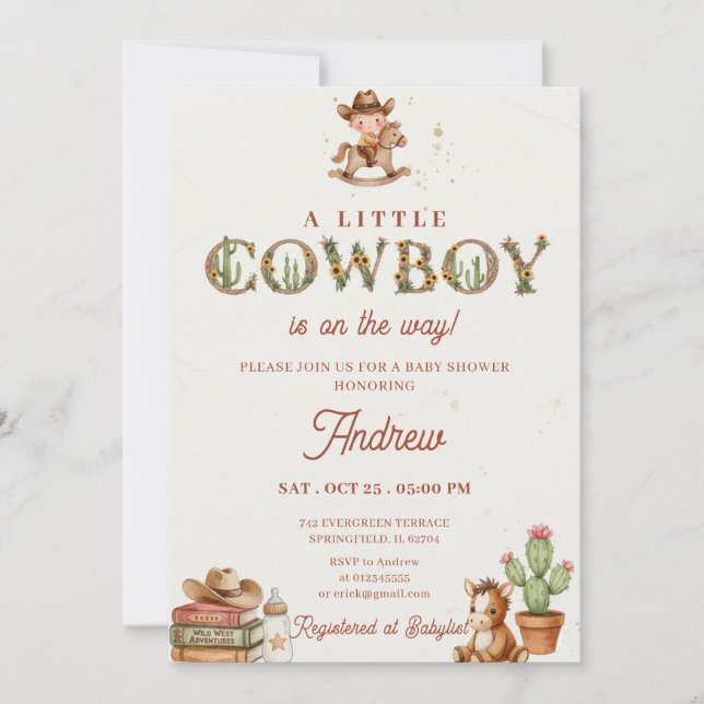 Convites Chá de Bebê Rodeio Western Cowboy Pessoal (Frente)