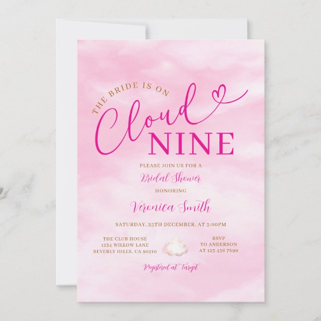 Convites Chá de Bebê Romântico Rosa Elegante Nove Nuvens (Frente)