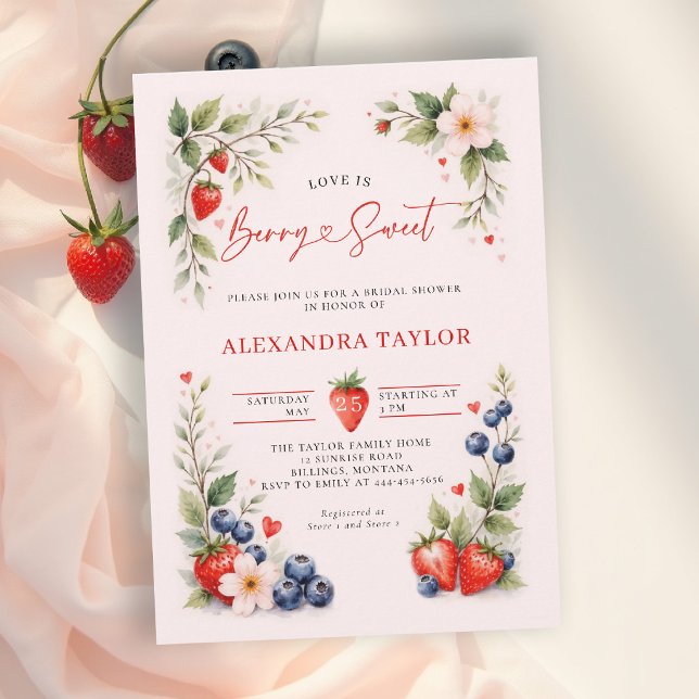 Convites Chá de Bebê Rosa Arte Botânica Doce como Frutas (berry sweet bridal shower invitation card design floral botanical watercolor pink red calligraphy)