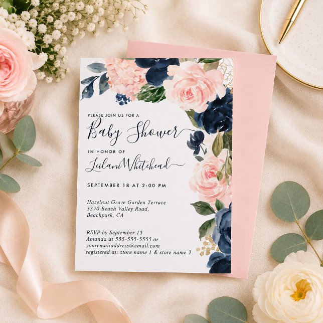 Convites Chá de Bebê Rosa Azul Floral (Cascading watercolor pink navy floral baby shower invitation )