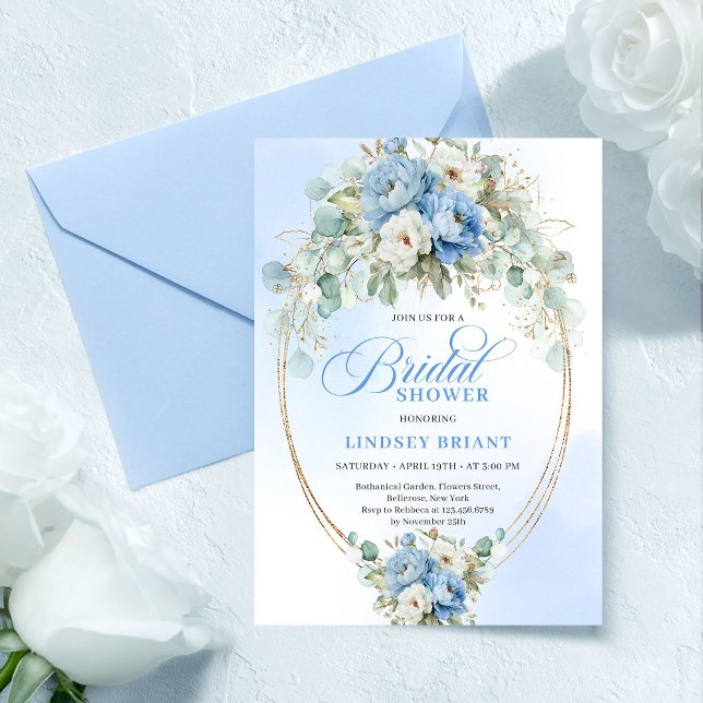 Convites Chá de Bebê Rosa Azul Pastel Elegante com Vegetaçã (Chic Pastel Blue Peony Greenery Bridal Shower Invitation)