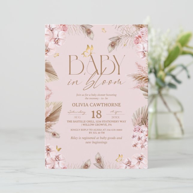 Convites Chá de Bebê Rosa Baby em Flor Rosa (Em pé/Frente)