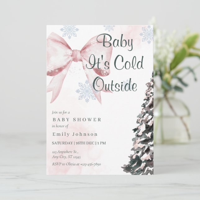 Convites Chá de Bebê Rosa Bebê Está Frio Lá Fora Menina (Em pé/Frente)