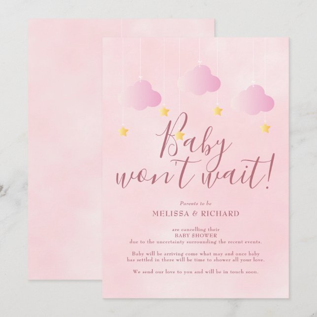 Convites Chá de Bebê Rosa Bebê Menina Baby Não Vai Esperar (Frente/Verso)