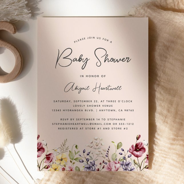 Convites Chá de Bebê Rosa Bege Flores Silvestres Aquarela (Criador carregado)