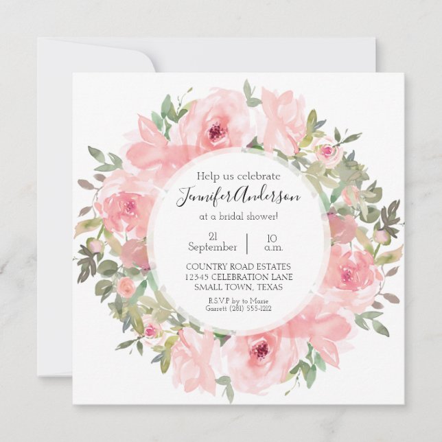 Convites Chá de Bebê Rosa Bege Luxuriante Aquarela (Frente)