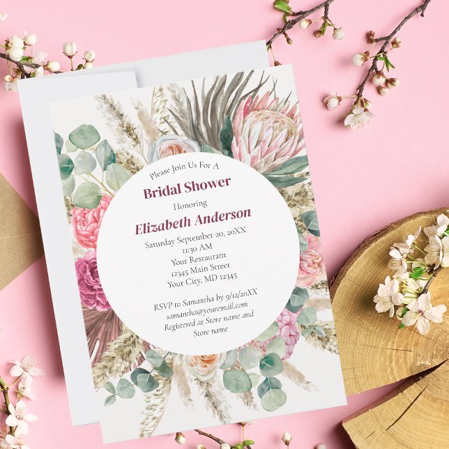 Convites Chá de Bebê Rosa Boho com Floral de Eucalipto (Criador carregado)