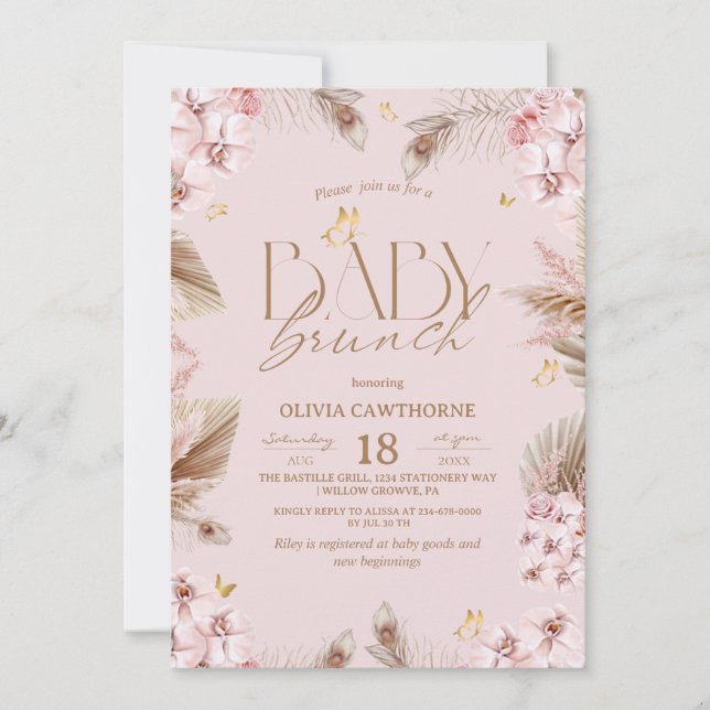 Convites Chá de Bebê Rosa Boho Menina Bebê Brunch (Frente)