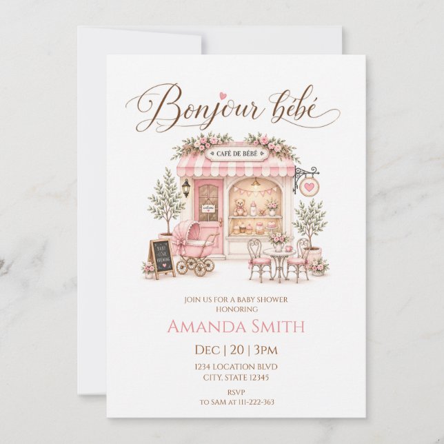 Convites Chá de Bebê Rosa Bonjour Bébé Café (Frente)