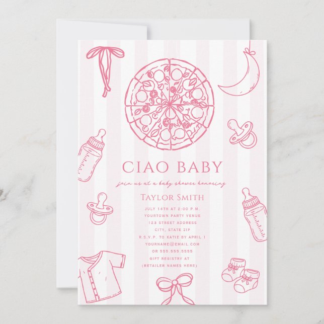 Convites Chá de Bebê Rosa Ciao Baby Menina Pizza (Frente)