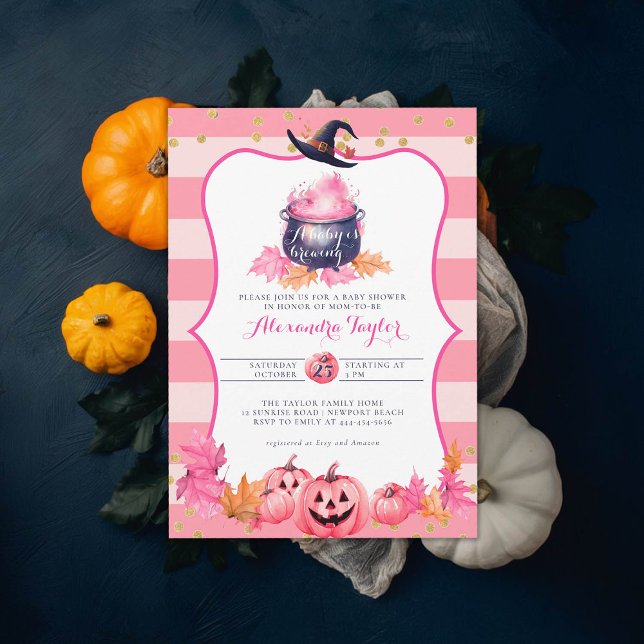 Convites Chá De Bebê Rosa Com Bruxa Rosa De Feiticeira Qued (halloween baby shower witch cauldron pumpkin invitation october novermber fall pink purple)