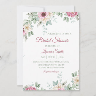 Convites Chá de Bebê Rosa com Flores em Aquarela