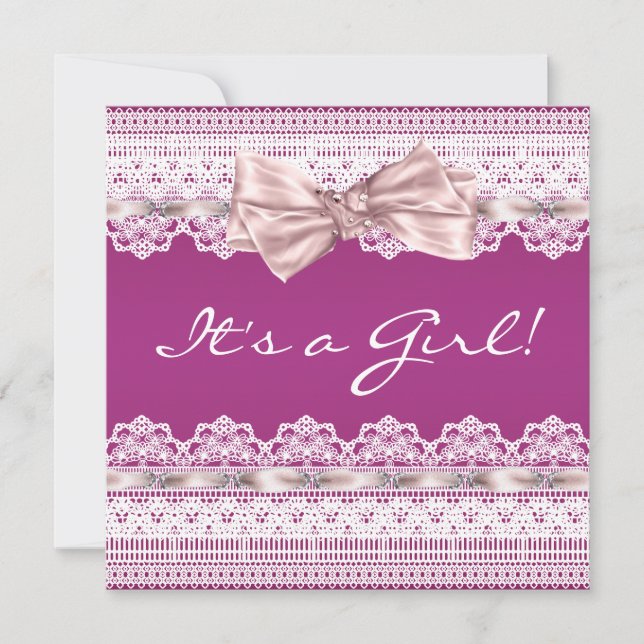 Convites Chá de Bebê Rosa com Laço Branco (Frente)