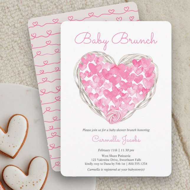 Convites Chá de Bebê Rosa Corações Rústicos Menina (Baby Brunch Rustic Pink Heart Baby Shower Invitation)