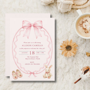 Convites Chá de Bebê Rosa Doce com Laço Coquette