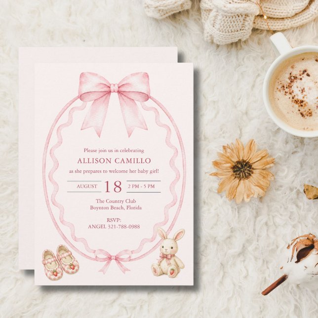 Convites Chá de Bebê Rosa Doce com Laço Coquette  (Berry Sweet Pink Coquette Bow Baby Shower Invitation)