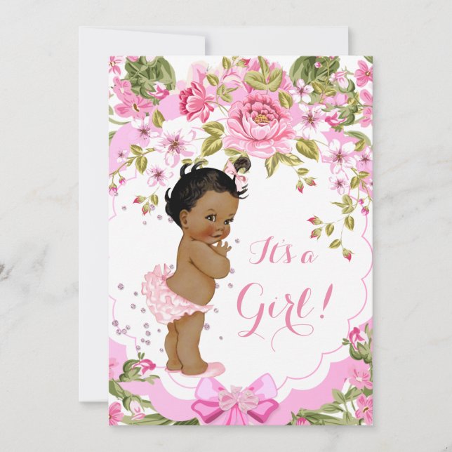 Convites Chá de Bebê Rosa Doce Floral Rosa Étnico Menina (Frente)