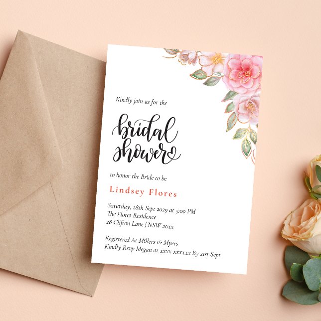 Convites Chá de Bebê Rosa Dourado com Flores e Folhagens (Gold blush pink floral greenery invitation adds romantic charm to your bridal shower)