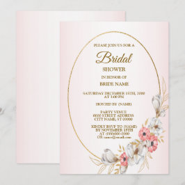 Convites Chá de Bebê Rosa Dourado Floral Geométrico Pêssego