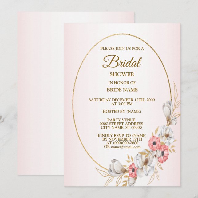 Convites Chá de Bebê Rosa Dourado Floral Geométrico Pêssego (Frente/Verso)