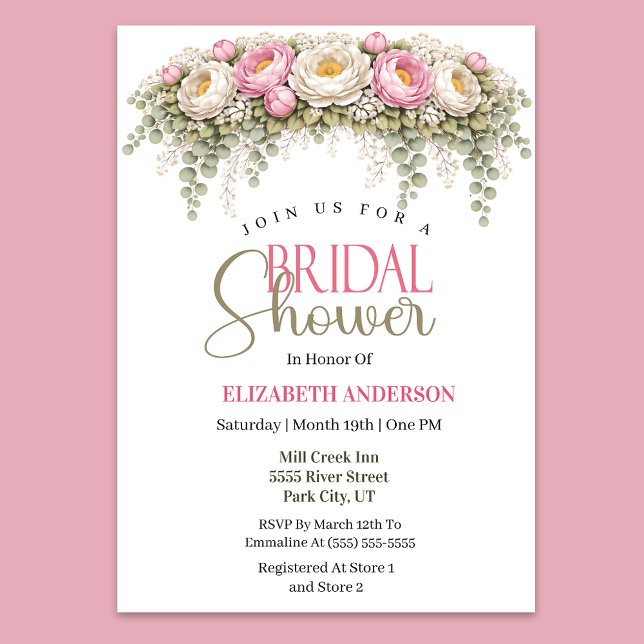 Convites Chá de Bebê Rosa e Branco de Peônia (Elegant pink and ivory peony floral bridal shower invitation)