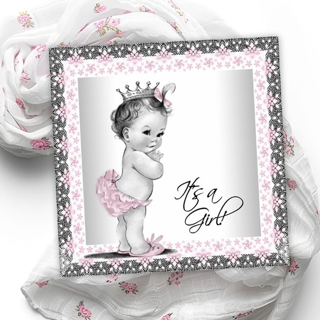Convites Chá de Bebê Rosa e Cinza (Sweet vintage baby girl baby shower invitation. )