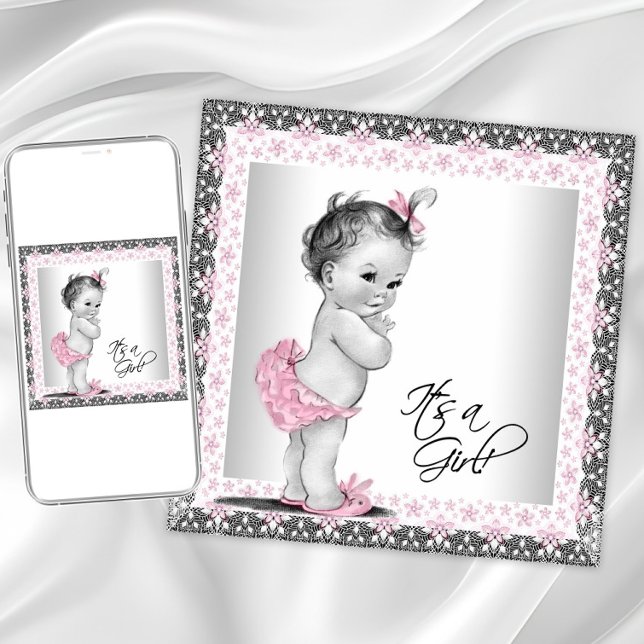 Convites Chá de Bebê Rosa e Cinza Adorável Menina (Cute vintage baby girl shower invitation. Instant download and printed invitations available.)