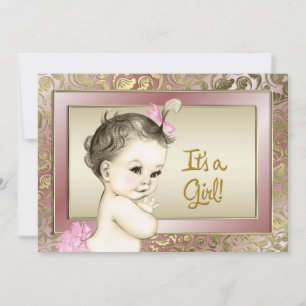 Convites Chá de Bebê Rosa e Dourado Elegante
