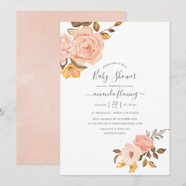 Convites Chá de Bebê Rosa e Floral Dourado (Frente/Verso)