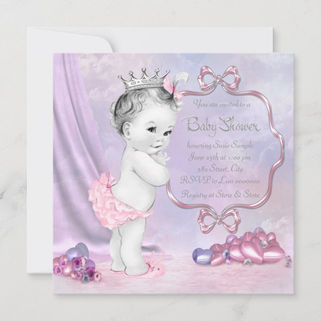 Convites Chá de Bebê Rosa e Roxo Elegante (Frente)
