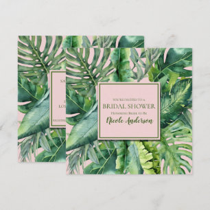 Convites Chá de Bebê Rosa e Verde com Folhas Tropicais