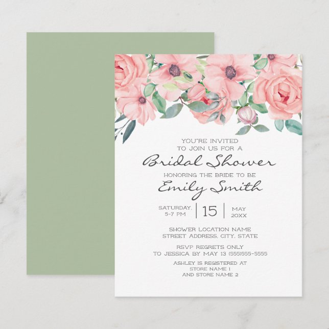 Convites Chá de Bebê Rosa Elegante com Floral em Verde Sage (Frente/Verso)