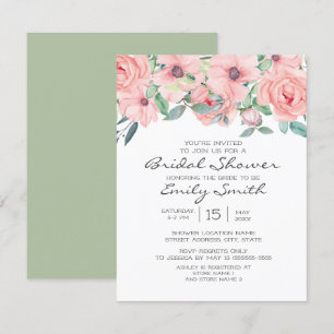 Convites Chá de Bebê Rosa Elegante com Floral em Verde Sage