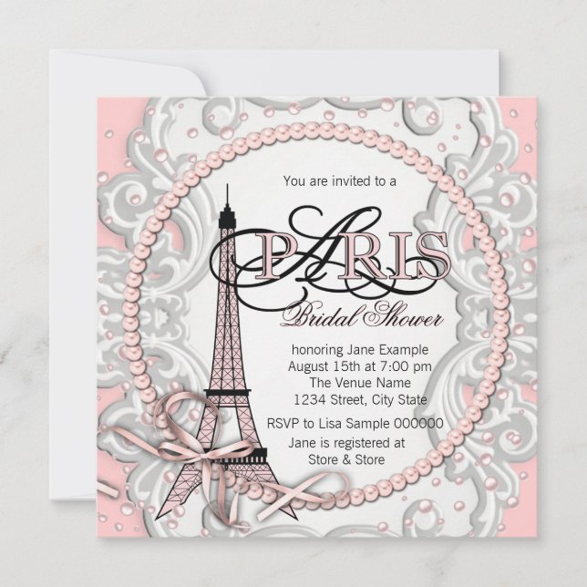 Convites Chá de Bebê Rosa Elegante Paris (Frente)