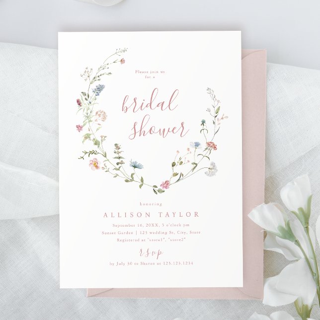 Convites Chá de Bebê Rosa Elegante Rústico Boho  (Elegant Pink Wildflower Rustic Boho Bridal Shower Invitation)