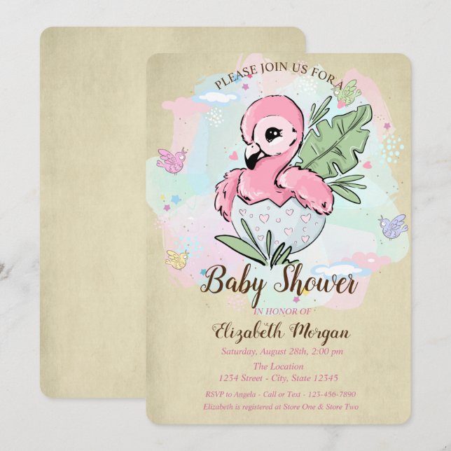 Convites Chá de Bebê Rosa Flamingo Borboletas Fofas Bebês  (Frente/Verso)