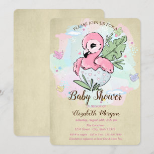 Convites Chá de Bebê Rosa Flamingo Borboletas Fofas Bebês 