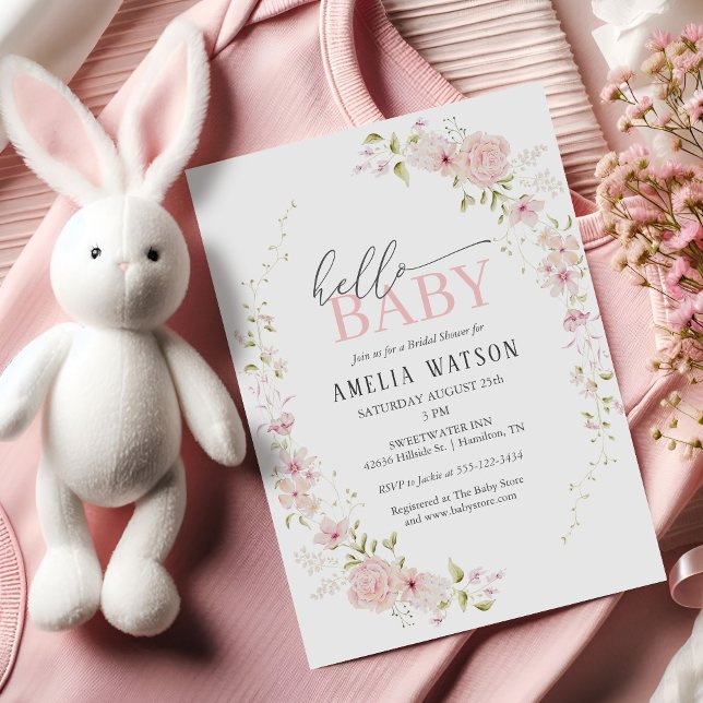 Convites Chá de Bebê Rosa Floral Olá Bebê (Hello Baby Blush Pink Floral Baby Shower Invitation)
