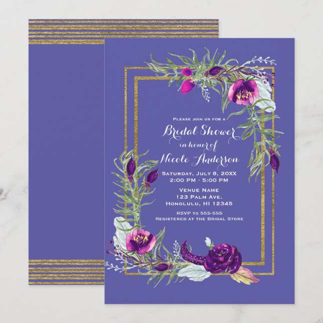 Convites Chá de Bebê Rosa Floral Roxo e Dourado Ultra Viole (Frente/Verso)