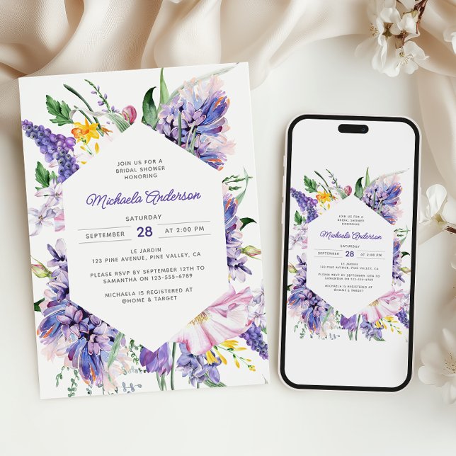 Convites Chá de Bebê Rosa Lavanda em Aquarela Elegante (Criador carregado)