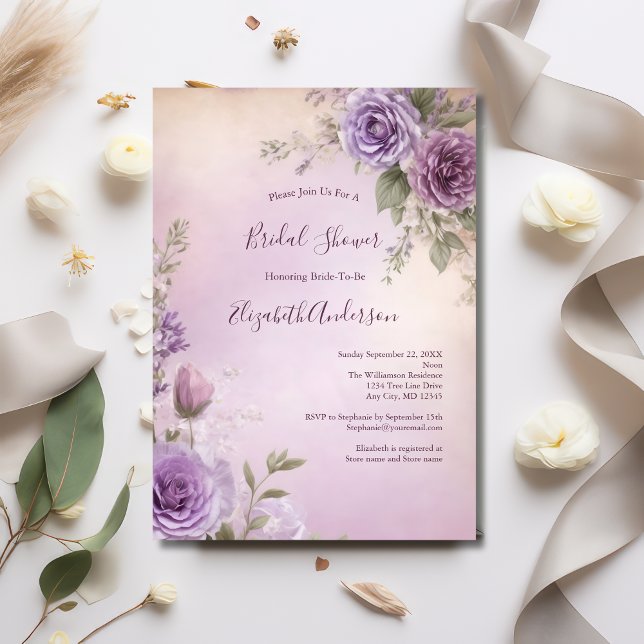 Convites Chá de Bebê Rosa Lavanda Roxo Floral Elegante Nupc (Lavender Pink Purple Floral Watercolor Bridal Shower invitation)