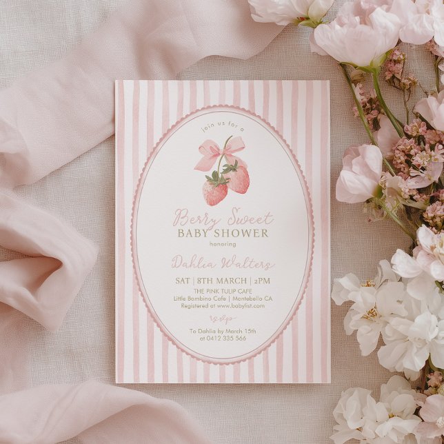 Convites Chá de Bebê Rosa Listrado de Morango Doce (Berry Sweet Baby Shower Invitation with pink stripes)