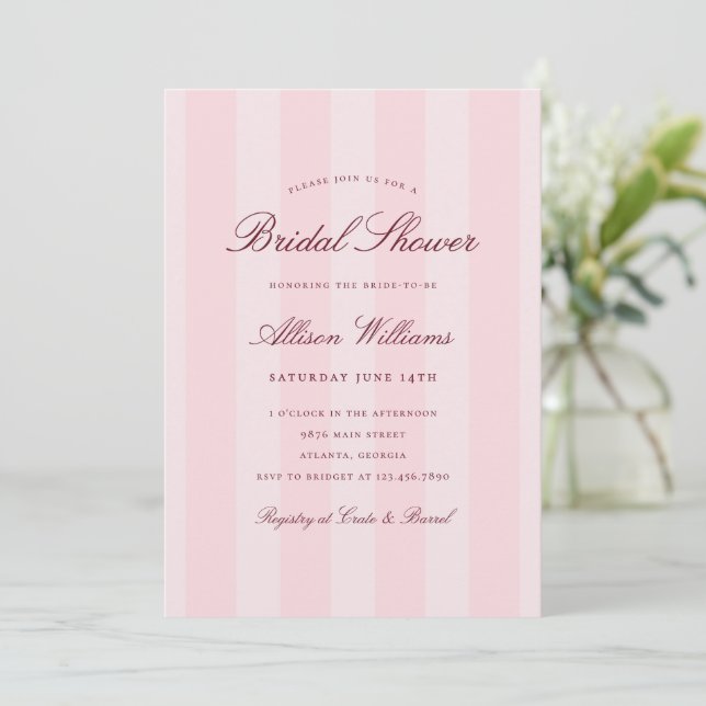 Convites Chá de Bebê Rosa Listrado Simples e Elegante (Em pé/Frente)