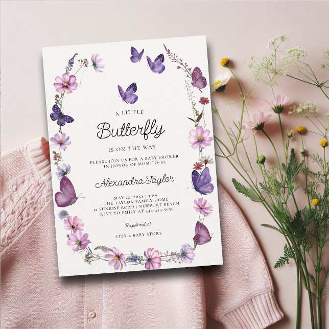 Convites Chá de Bebê Rosa Midinha-Rosa-Mole-Selvagem (little butterfly baby girl shower invitation cottage garden watercolor purple wildflowers boho frame)