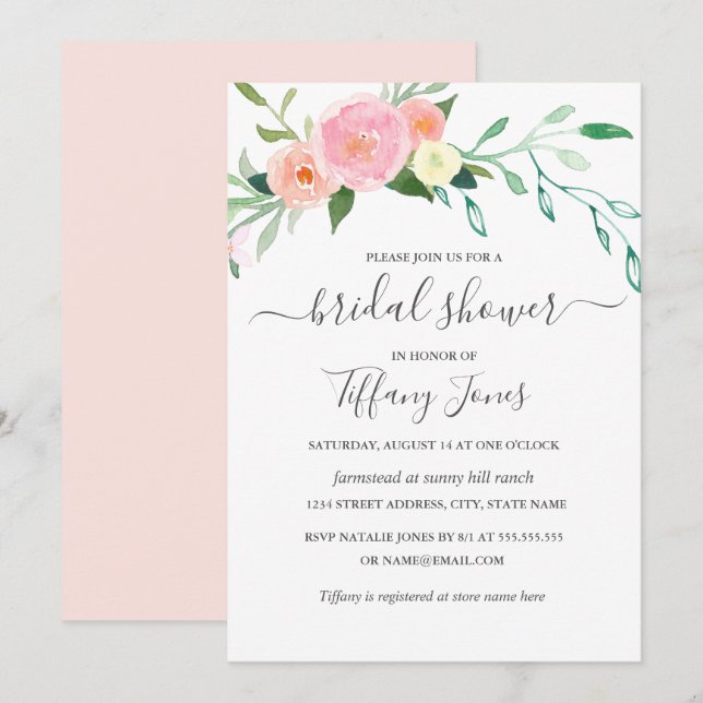 Convites Chá de Bebê Rosa Moderno com Aquarela Floral Pêsse (Frente/Verso)